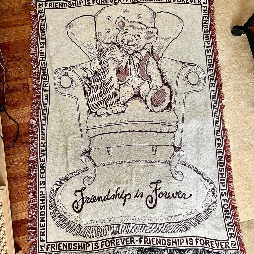 Friendship Is Forever Woven Throw Blanket with Teddy & Cat tapestry vintage